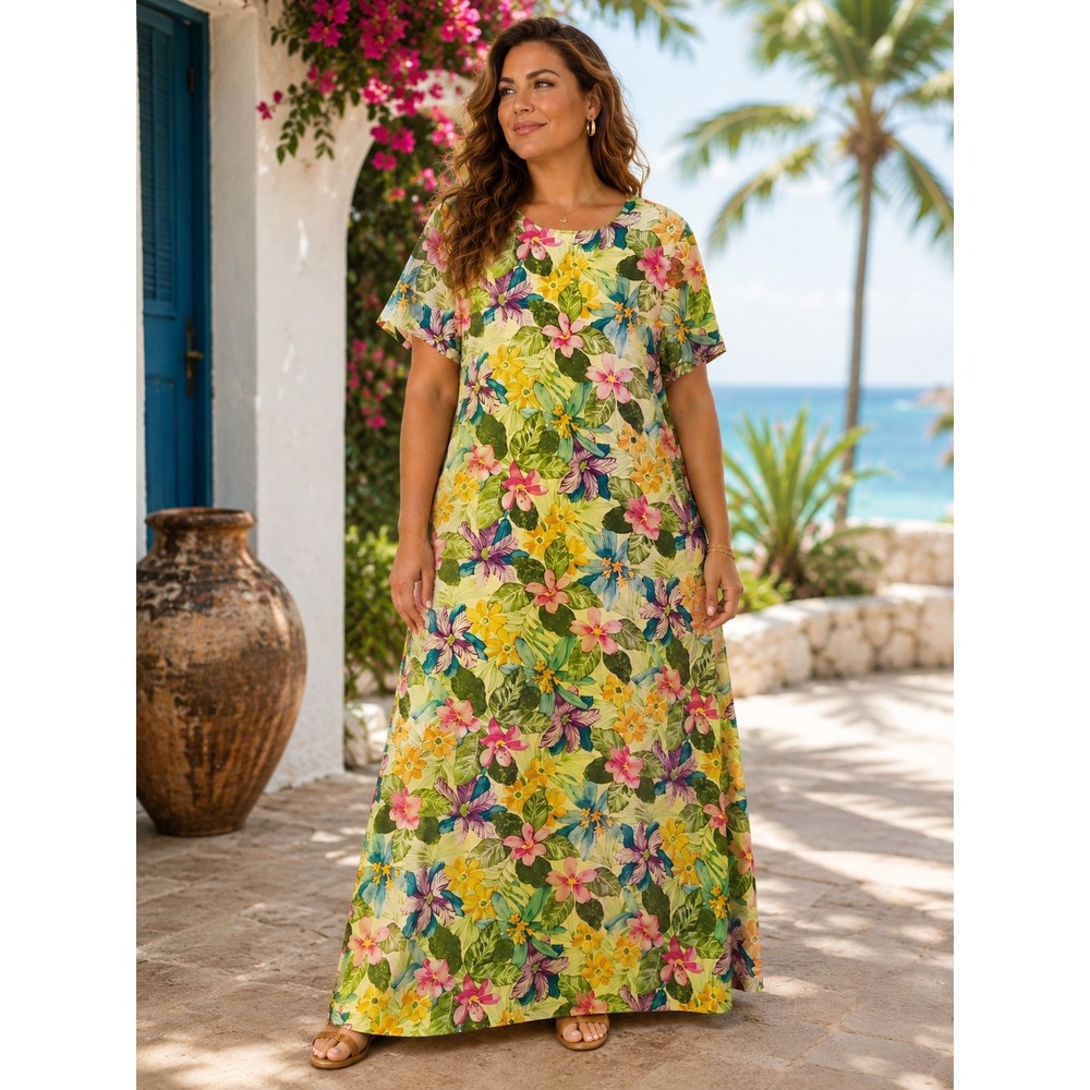 Vintage Maggy London Maxi Silk Dress 16 Short Sleeve Floral Vocation Luxury Chic